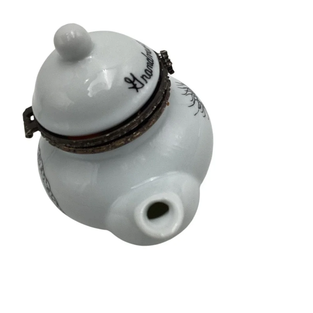 Grandmother Mini Teapot Trinket Box White Hinged Lid Heart‎ Handle